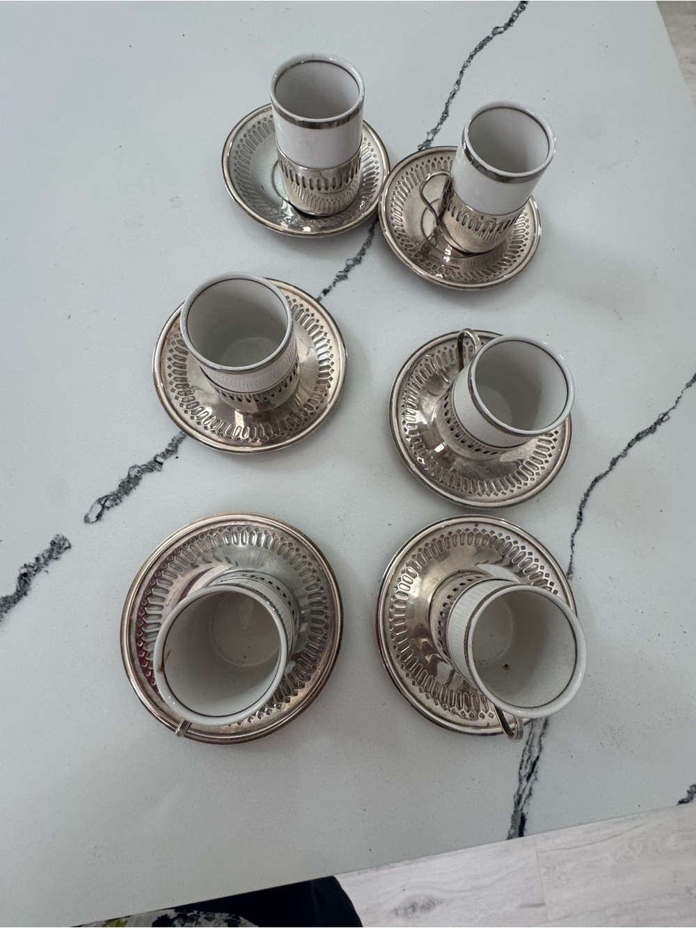 Silver Tone Porcelain Espresso Cup & Saucer Set - 6 Pieces